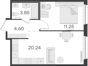 ЖК «GloraX Парголово», планировка 1-комнатной квартиры, 39.94 м²