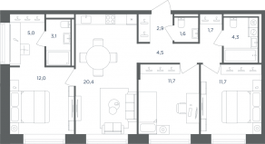 МФК «Равновесие», планировка 3-комнатной квартиры, 78.90 м²
