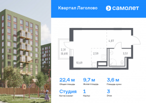 ЖК «Квартал Лаголово», планировка студии, 22.35 м²