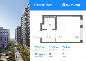 ЖК «Мытищи Парк», планировка студии, 22.83 м²