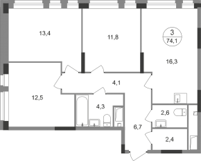 ЖК «Первый Московский», планировка 3-комнатной квартиры, 74.10 м²