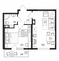 МЖК «Верево-Сити», планировка 1-комнатной квартиры, 43.01 м²