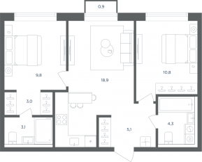 МФК «Равновесие», планировка 2-комнатной квартиры, 55.30 м²
