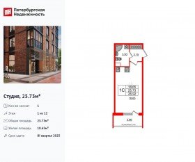 ЖК «Сенат в Московском», планировка студии, 25.73 м²