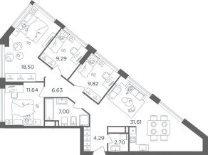 ЖК «Headliner», планировка 4-комнатной квартиры, 102.20 м²
