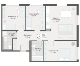 ЖК «Руднева, 15», планировка 3-комнатной квартиры, 82.50 м²