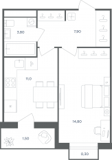 МФК «Равновесие», планировка 1-комнатной квартиры, 37.60 м²