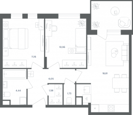 МФК «Равновесие», планировка 3-комнатной квартиры, 54.70 м²