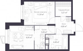 ЖК «Veren Nort сертолово», планировка 1-комнатной квартиры, 38.09 м²