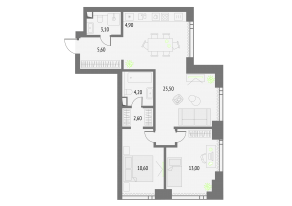 ЖК «Upside Towers», планировка 2-комнатной квартиры, 69.50 м²