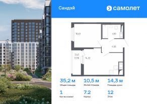 ЖК «Сандэй», планировка 1-комнатной квартиры, 35.17 м²