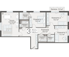 ЖК «Руднева, 15», планировка 3-комнатной квартиры, 100.70 м²