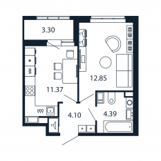 ЖК «Полис Приморский 2», планировка 1-комнатной квартиры, 32.60 м²