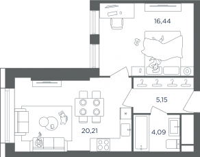 ЖК «Headliner», планировка 2-комнатной квартиры, 46.10 м²