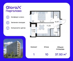 ЖК «GloraX Парголово», планировка 1-комнатной квартиры, 37.50 м²