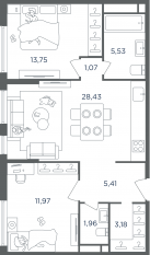 ЖК «Headliner», планировка 3-комнатной квартиры, 71.30 м²