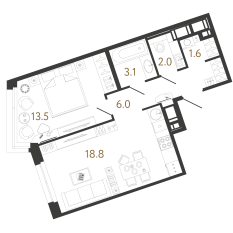 ЖК «Литера», планировка 1-комнатной квартиры, 45.00 м²