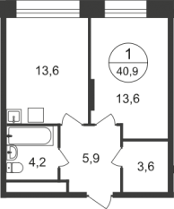 ЖК «Первый Московский», планировка 1-комнатной квартиры, 40.90 м²