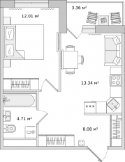 ЖК «Parkolovo», планировка 1-комнатной квартиры, 38.00 м²