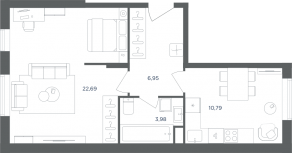 МФК «Равновесие», планировка 1-комнатной квартиры, 44.50 м²