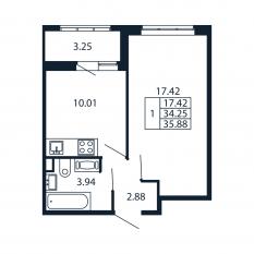 ЖК «Полис Приморский 2», планировка 1-комнатной квартиры, 33.90 м²