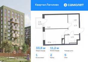 ЖК «Квартал Лаголово», планировка 1-комнатной квартиры, 33.79 м²