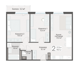 ЖК «Руднева, 15», планировка 2-комнатной квартиры, 65.10 м²