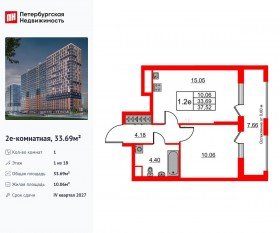 ЖК «Город звезд», планировка 1-комнатной квартиры, 33.69 м²