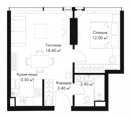 МФК «SLAVA», планировка 1-комнатной квартиры, 41.20 м²