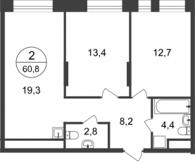 ЖК «Первый Московский», планировка 2-комнатной квартиры, 60.80 м²