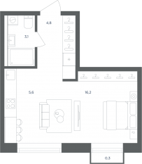 МФК «Равновесие», планировка студии, 30.00 м²