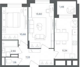 МФК «Равновесие», планировка 2-комнатной квартиры, 48.40 м²