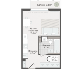ЖК «Руднева, 15», планировка студии, 30.50 м²