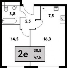 ЖК «Фестиваль парк-2», планировка 2-комнатной квартиры, 47.60 м²