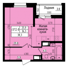 ЖК «Прагма City», планировка студии, 38.30 м²