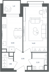 МФК «Равновесие», планировка 1-комнатной квартиры, 35.34 м²