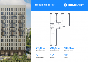 ЖК «Новые Лаврики», планировка 3-комнатной квартиры, 75.93 м²