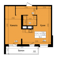 ЖК «Прагма City», планировка 1-комнатной квартиры, 56.40 м²