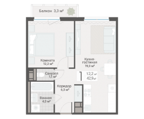 ЖК «Руднева, 15», планировка 1-комнатной квартиры, 42.90 м²