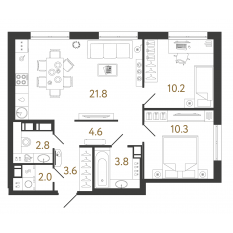 ЖК «Струны», планировка 2-комнатной квартиры, 59.10 м²