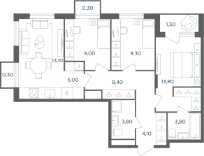 МФК «Равновесие», планировка 4-комнатной квартиры, 72.20 м²