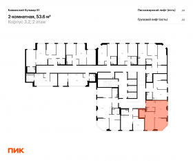 ЖК «Кавказский бульвар 51», планировка 2-комнатной квартиры, 53.60 м²