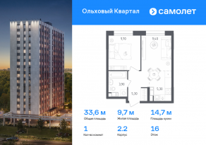 ЖК «Ольховый Квартал», планировка 1-комнатной квартиры, 33.60 м²
