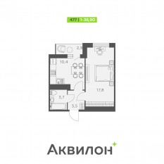 ЖК «Аквилон SKY», планировка 1-комнатной квартиры, 36.90 м²