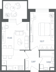 МФК «Равновесие», планировка 2-комнатной квартиры, 38.40 м²