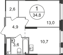 ЖК «Первый Московский», планировка 1-комнатной квартиры, 34.80 м²