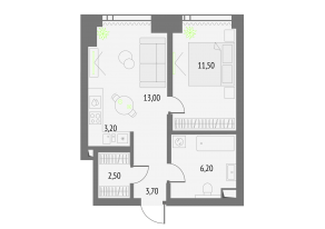 ЖК «Upside Towers», планировка 1-комнатной квартиры, 40.10 м²