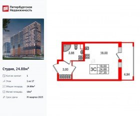 ЖК «Город звезд», планировка студии, 24.88 м²