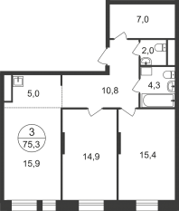 ЖК «Первый Московский», планировка 3-комнатной квартиры, 75.30 м²