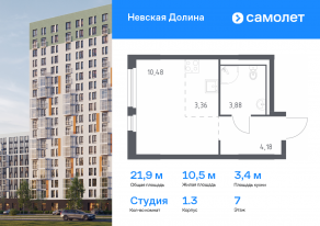 ЖК «Невская Долина», планировка студии, 21.90 м²